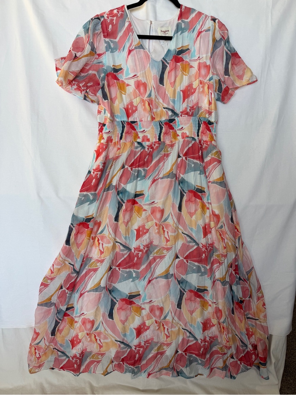 Floral V-Neck Midi Dress in Coral & Blue NWT 1XL